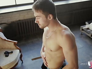 Hot sexy trichoid guy undresses at one's fingertips make an issue of mirror showing his young round off cock